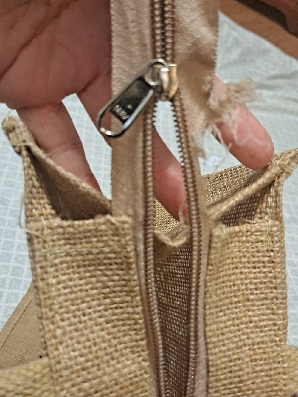 Peacock Jute Tote Bag in Natural with Orange & Blue Print - Picture 6 of 6